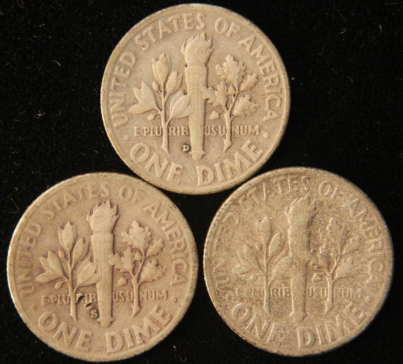 lot 98 image: 3 ROOSEVELT SILVER DIMES 1953, 1953-D, 1953-S