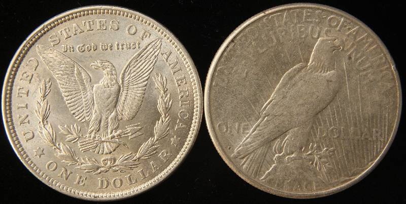lot 103 image: 2 SILVER DOLLARS 1921 MORGAN & 1923-S PEACE XF-AU