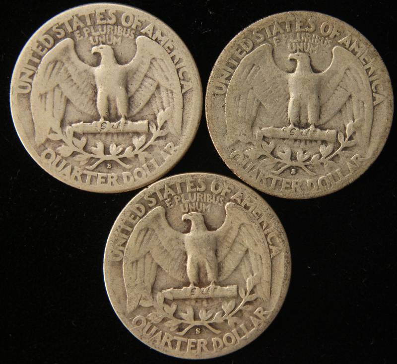 lot 106 image: 3 SILVER WASHINGTON QUARTERS 1940-S, 1941-S, 1942-S
