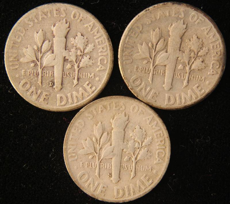 lot 108 image: 3 ROOSEVELT SILVER DIMES 1947, 1947-D, 1947-S