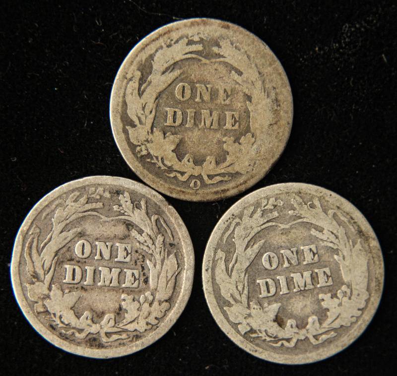 lot 57 image: 3 BARBER SILVER DIMES 1892-O, 1899, 1900
