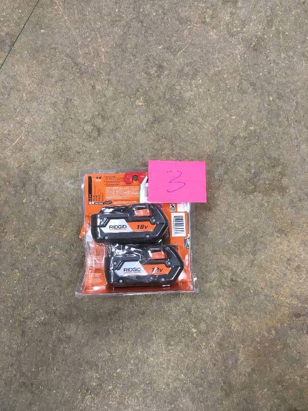 lot 3 image: Ridgid 18 Volt Lithium-Ion 4.0 AmpHour Battery Pack open box never used