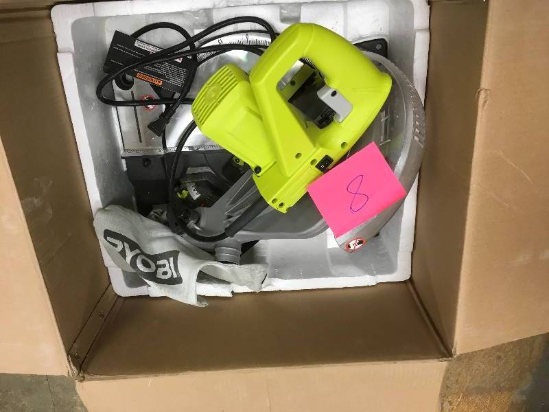 lot 8 image: Ryobi 10 Compound Miter Saw with Laser, Heavy-Duty 14 Amp Motor in working conditions