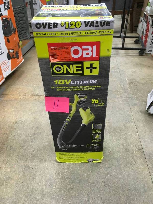 lot 11 image: Ryobi One 18-Volt Lithium-Ion Cordless String TrimmerEdger and BlowerSweeper Combo Kit - 2.6 Ah Battery and Charger included in like New working conditions