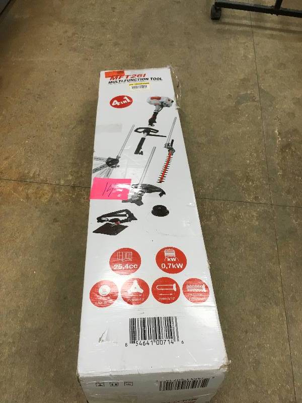 lot 14 image: MFT261 - 2 Cycle 26 cc Gas Full Crank Shaft 4 in 1 Multi Function String Trimmer with Pole Saw Attachment in like New conditions
