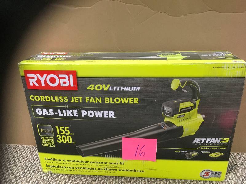 lot 16 image: Ryobi 155 MPH 300 CFM 40-Volt Lithium-Ion Cordless Jet Fan Blower - 2.6 Ah Battery and Charger Included in working conditions