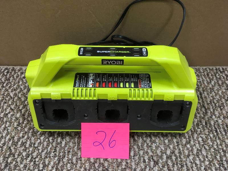 lot 26 image: Ryobi One 18 Volt 6-Port Dual Cheisty IntelliPort Super Charger with USB Port in working conditions