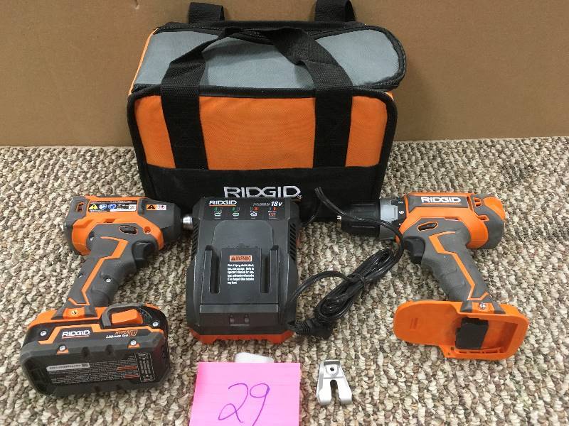 lot 29 image: Ridgid 18-Volt Lithium-Ion Cordless Burshless DrillDriver and Impact Driver Combo Kit - Zipper Bad on Bag