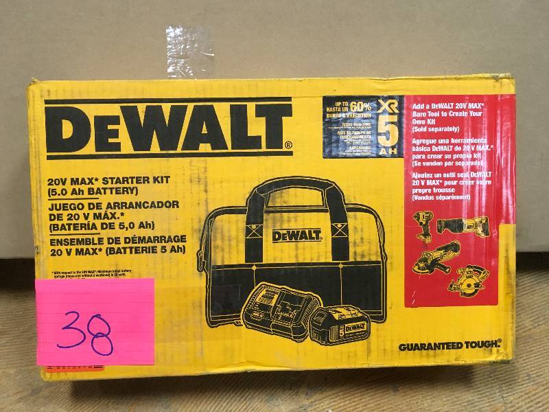 lot 38 image: DeWalt 20 Volt MAX XR Lithium-Ion Starter Kit with Premium Battery Pack 5.0Ah, Charger and Kit Bag open box never used