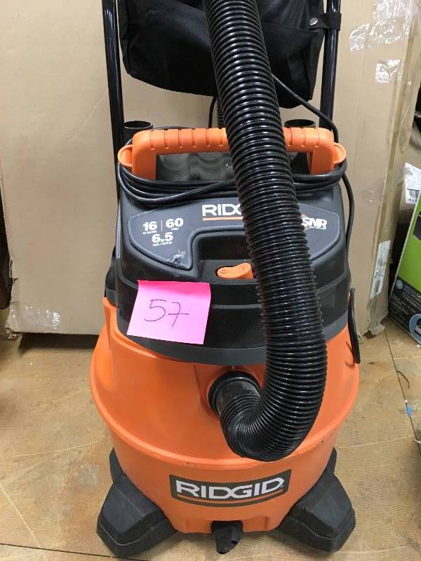 lot 57 image: Ridgid 16 Gallon WetDry Vac with Cart and Bag in working conditions