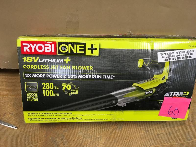 lot 60 image: Ryobi 18 Volt One Lithium-Ion Cordless Jet Fan Blower in like new working conditions