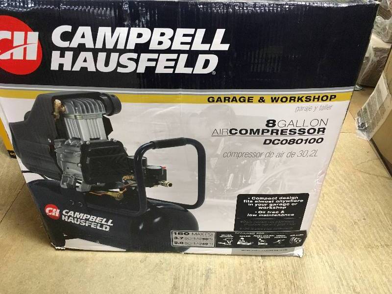 lot 70 image: Campbell Hausfeld DC080100 8 Gallon 1.3HP Oil-Free Air Compressor in like New working conditions