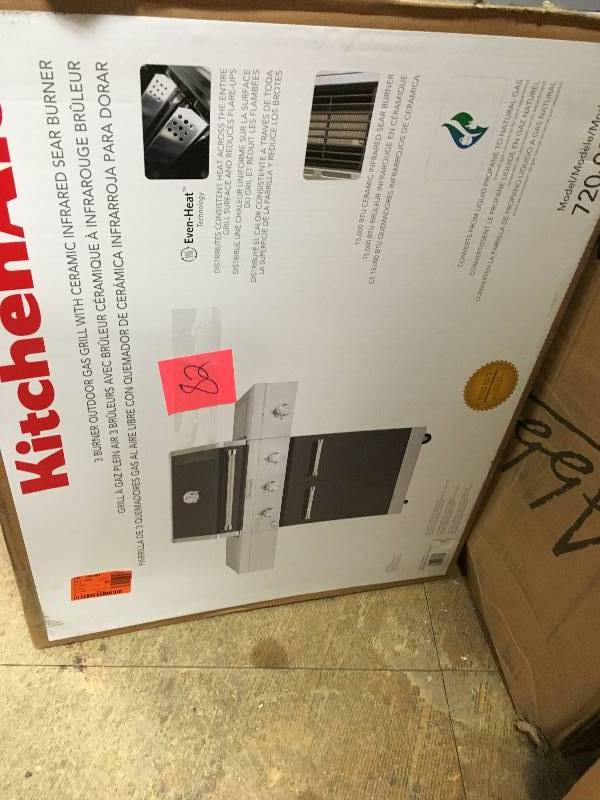 lot 82 image: Kitchen Aid 3-Burner Propane Gas Grill in Slate with Ceramic Sear Side Burner New