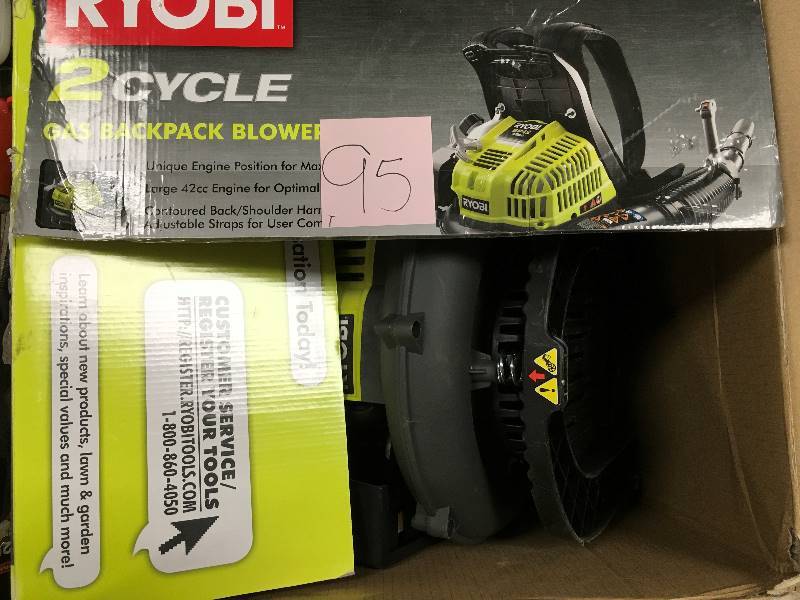 lot 95 image: Ryobi 185 MPH 510 CFM Backpack Gas Blower in like new condition