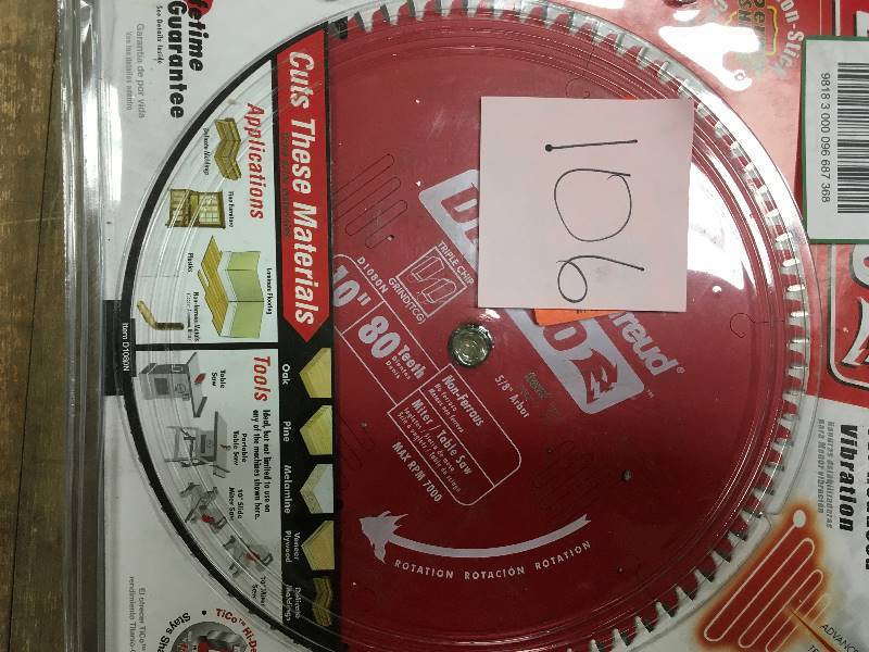 lot 106 image: Diablo 10 in. x 80-Tooth Non-Ferrous  Plastic Cutting Saw Blade not used