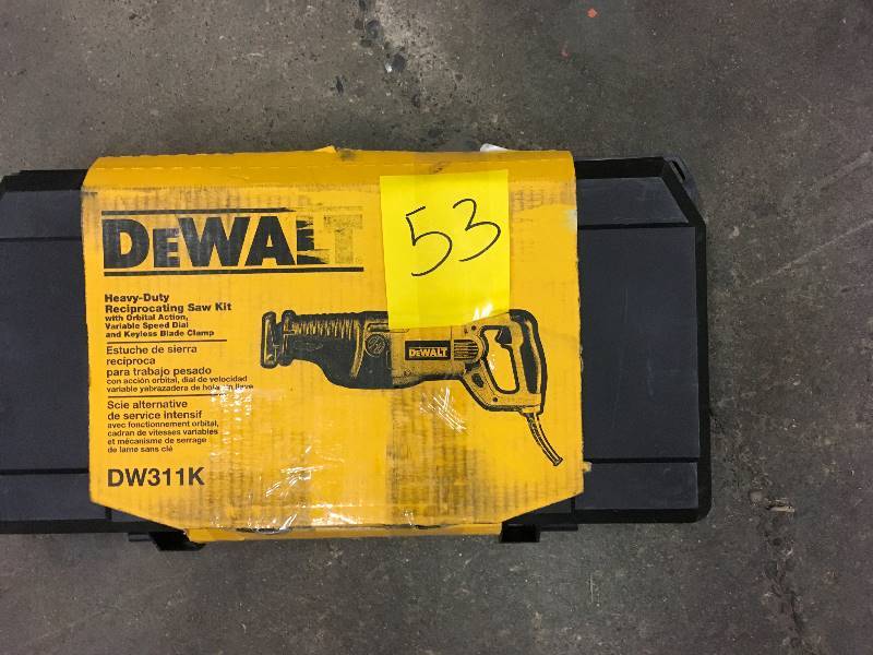 lot 53 image: DeWalt Heavy-Duty Reciprocating Saw Kit with Orbital Action, Variable Speed Dial and Keyless Blade Clamp open box never used