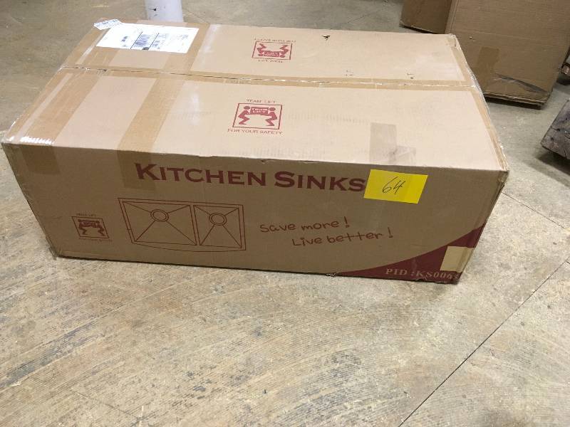 lot 64 image: AKDY Handcrafted All-in-One Farmhouse Apron Front Stainless Steel 33 in. x 20 in. x 9 in, Double Bowl Kitchen Sink New
