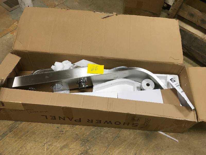 lot 66 image: AKDY 39 in. 2-Jet Easy Connect Shower Panel System in Stainless Steel with Rainfall Waterfall Shower Head and Shower Wand open box never used