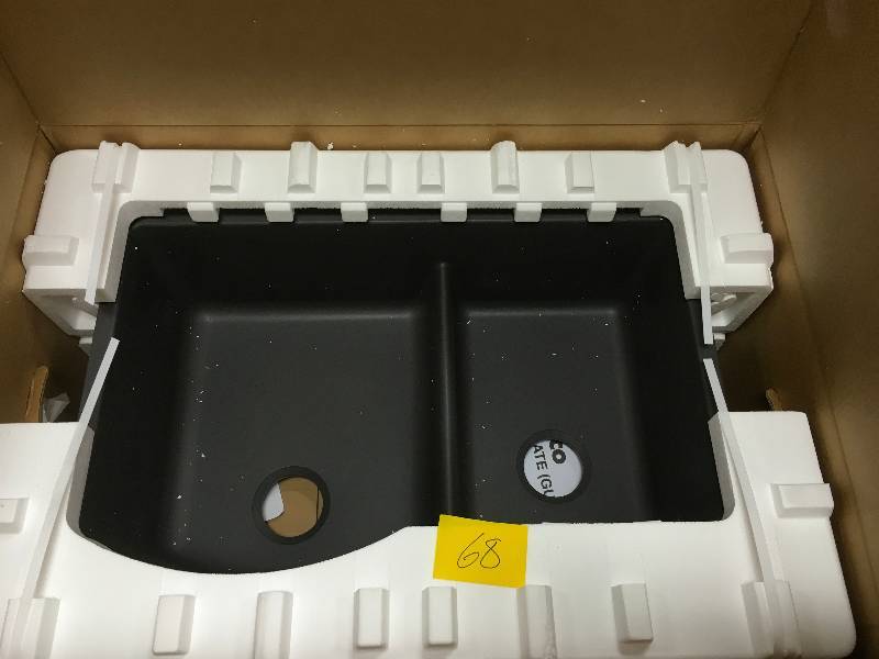 lot 68 image: Blanco Diamond Undermount Composite 32 in. 1-34 Reverse with Low-Divide Double Bowl Kitchen Sink in Cinder open box never used