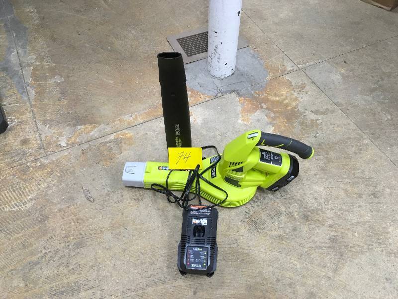 lot 74 image: Ryobi  ONE 120 MPH 120 CFM 18-Volt Lithium-Ion Cordless Leaf BlowerSweeper-1.3 Ah Battery and Charger Included not used