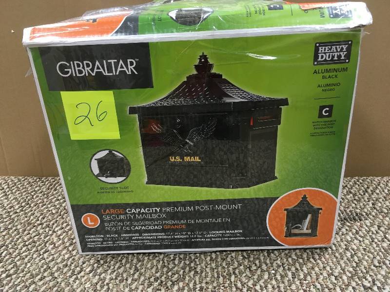 lot 26 image: Gibraltar Mailboxes Hamilton Black Locking Aluminum Large Post Mount Mailbox