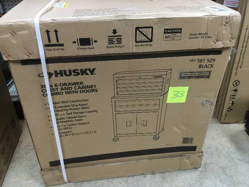 lot 33 image: Husky 26 in. 6-Draweer Tool Chest and Rolling Tool Cabinet Set, Black