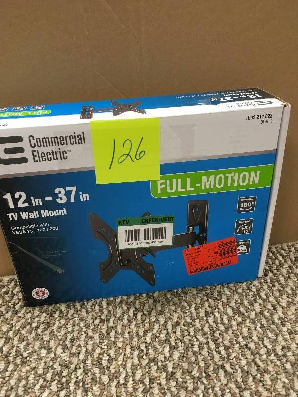 lot 126 image: Comercial Electric Full Motion TV Wall Mount for 12 in - 37 in. TVs Black