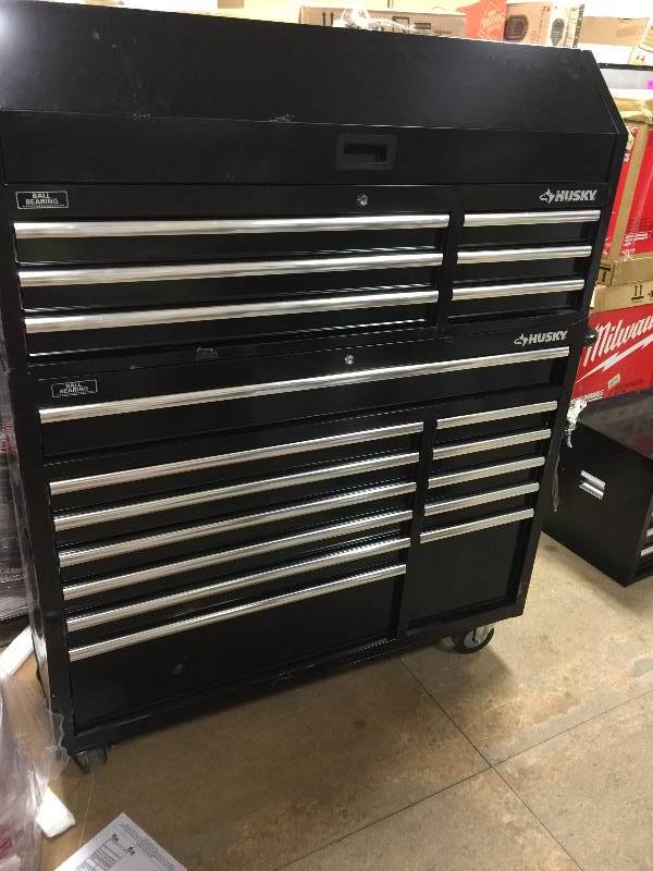 lot 144 image: Husky 52 in. 18-Drawer Tool Chest and Rolling Tool Cabinet Set in Black