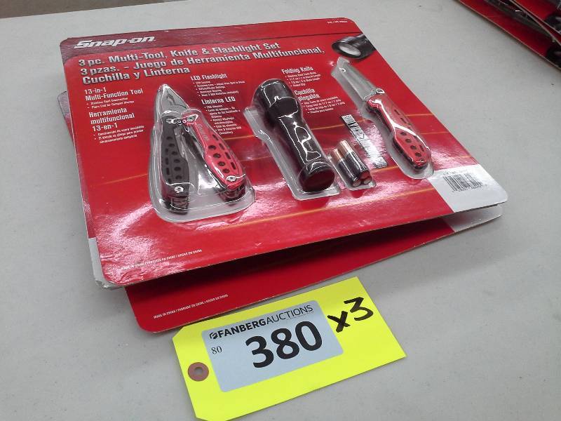 lot 380 image: Snap-On 3 Piece Multi-Tool Knife & Flashlight Set