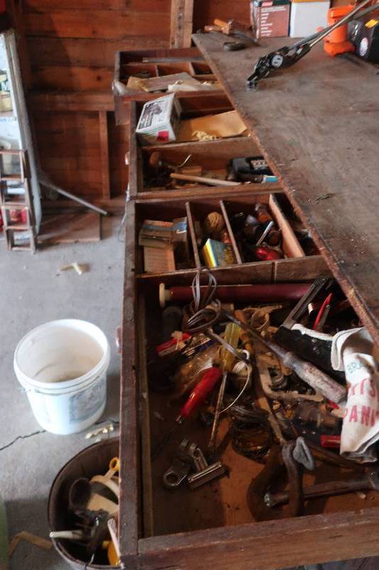 lot 105 image: CONTENTS OF THREE WIDE DRAWERS, ALL SORTS OF TOOLS AND HARDWARE, CONTENTS ONLY