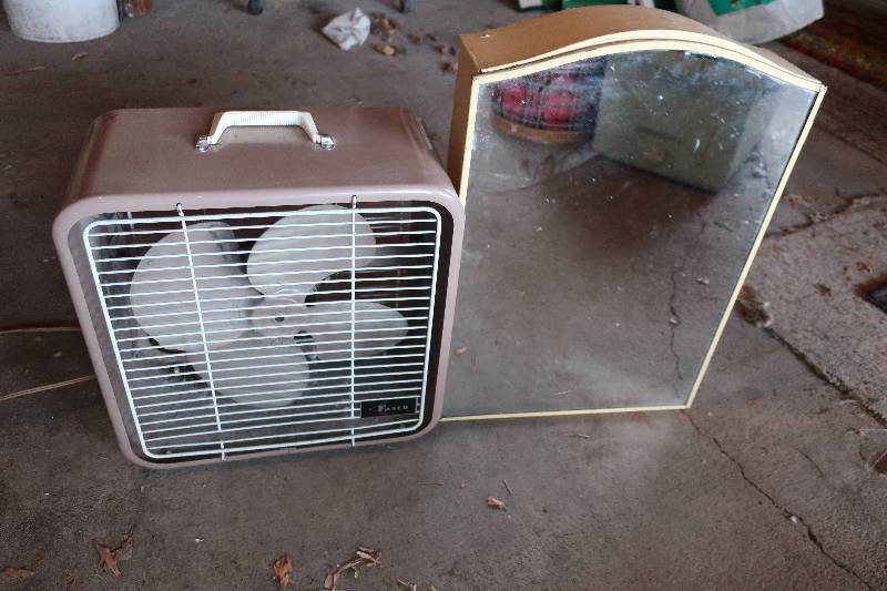 lot 107 image: OLDER METAL BOX FAN AND METAL MEDICINE CABINET