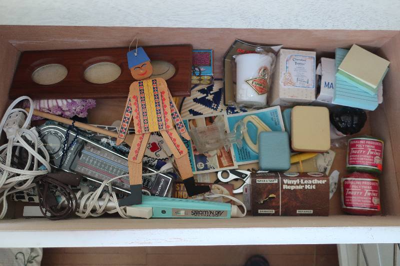 lot 142 image: CONTENTS OF DRAWER,  MARIONETTE FROM EAST GERMANY, LEATHER PUNCH AND MORE