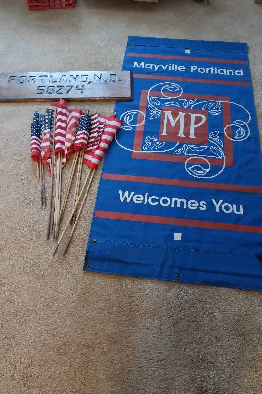lot 162 image: MAYVILLE  PORTLAND SIGNS AND SEVERAL SMALL AMERICAN FLAGS
