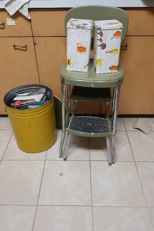 lot 177 image: COSCO STEP STOOL, YELLOW TIN FULL OF KITCHEN GADGETS AND TWO TINS