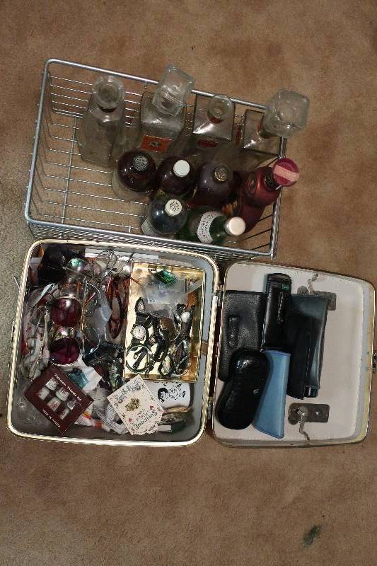 lot 199 image: METAL BASKET WITH DECANTERS, CASE OF GLASSES, VINTAGE WATCHES AND MORE
