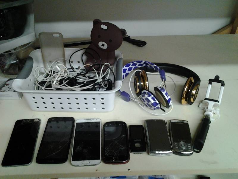 lot 10 image: Lot Of Assorted Cell Phones, Chargers, Cases, Selfie Stick, 2-Head Phones