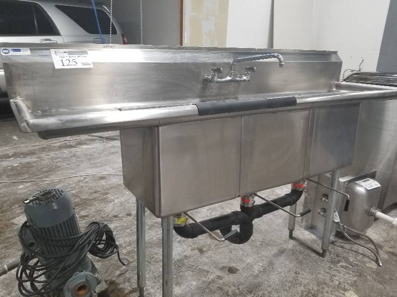 lot 125 image: Stainless Steel Three Compartment NSF Commercial Sink
