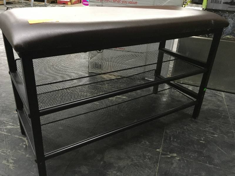 PADDED BENCH WITH SHELVES, TEAR IN UPHOLSTERY