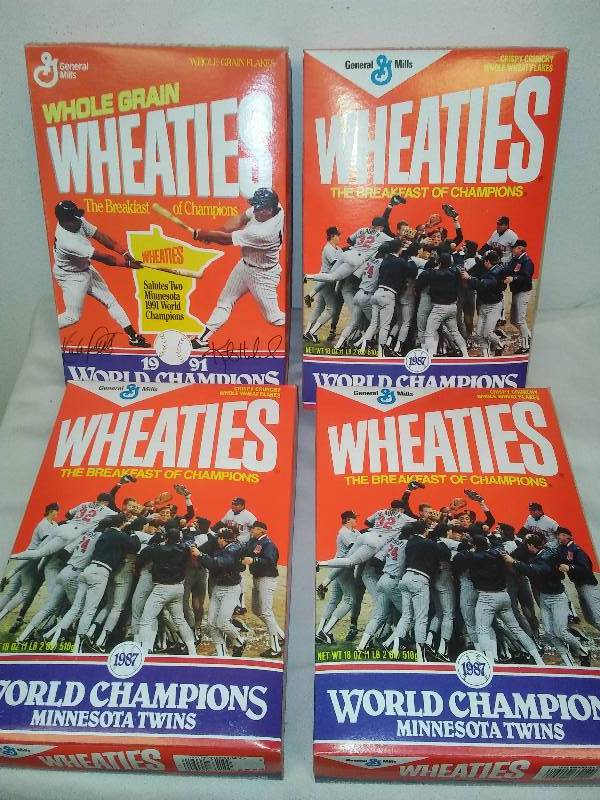 lot 51 image: Wheaties Collector Boxes (4), NEVER OPENED, MLB, 1987 (3) and 1991 (1) Minnesota Twins World Series Boxes