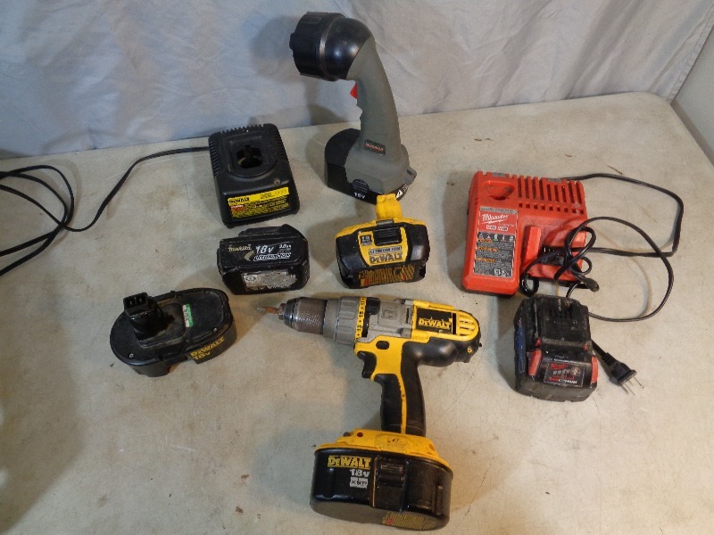 lot 37 image: Dewalt Drill, Assorted Batteries, Etc