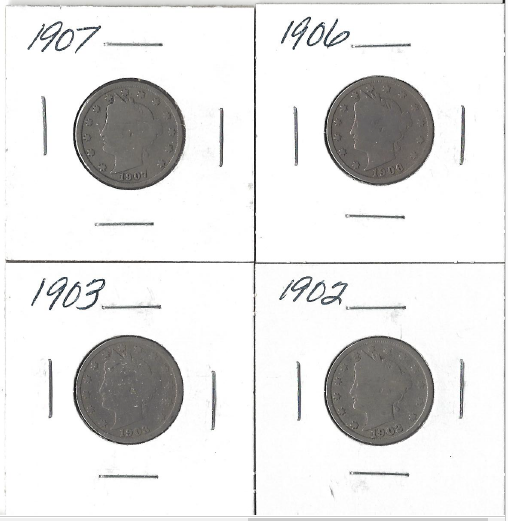 Four Liberty Head Nickels - 1902,1903, 1906, & 1907