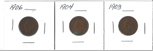Three Different Indian Pennies - 1903, 1904, & 1906