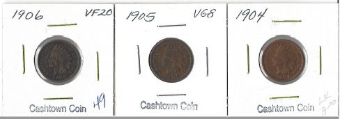 Three Different Indian Pennies - 1904, 1905, & 1906