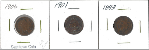 Three Different Indian Pennies - 1893, 1901, & 1906