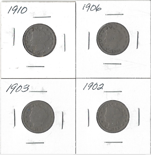 Four Liberty Head Nickels - 1902, 1903, 1906, & 1910