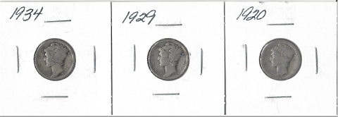 Three Different Mercury Dimes - 1920, 1929, & 1934