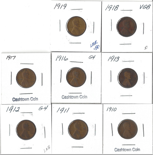 Eight Different Wheat Pennies From The Teens