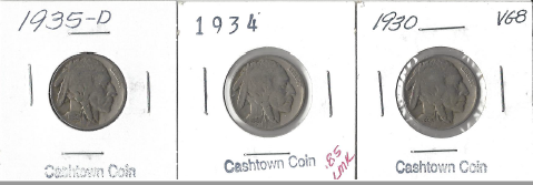 Three Different Buffalo Nickels - 1930, 1934, & 1935-D