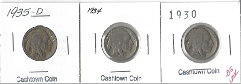 Three Different Buffalo Nickels - 1930, 1934, & 1935-D