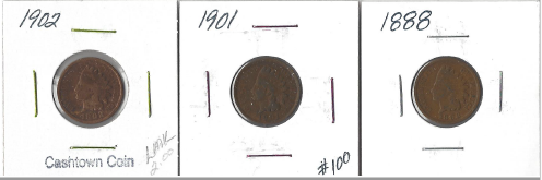Three Different Indian Pennies - 1888, 1901, & 1902